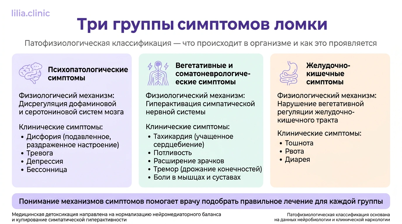 Инфографика: три группы симптомов ломки